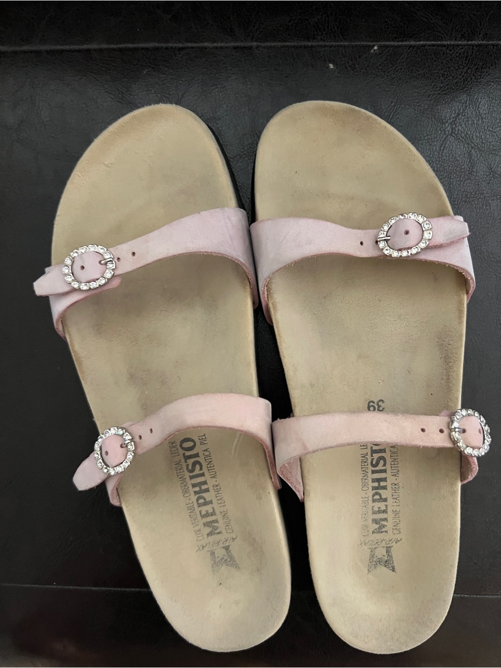 Mephisto Light Pink Suede Double-Strap Slide Sandals with Crystal Buckles